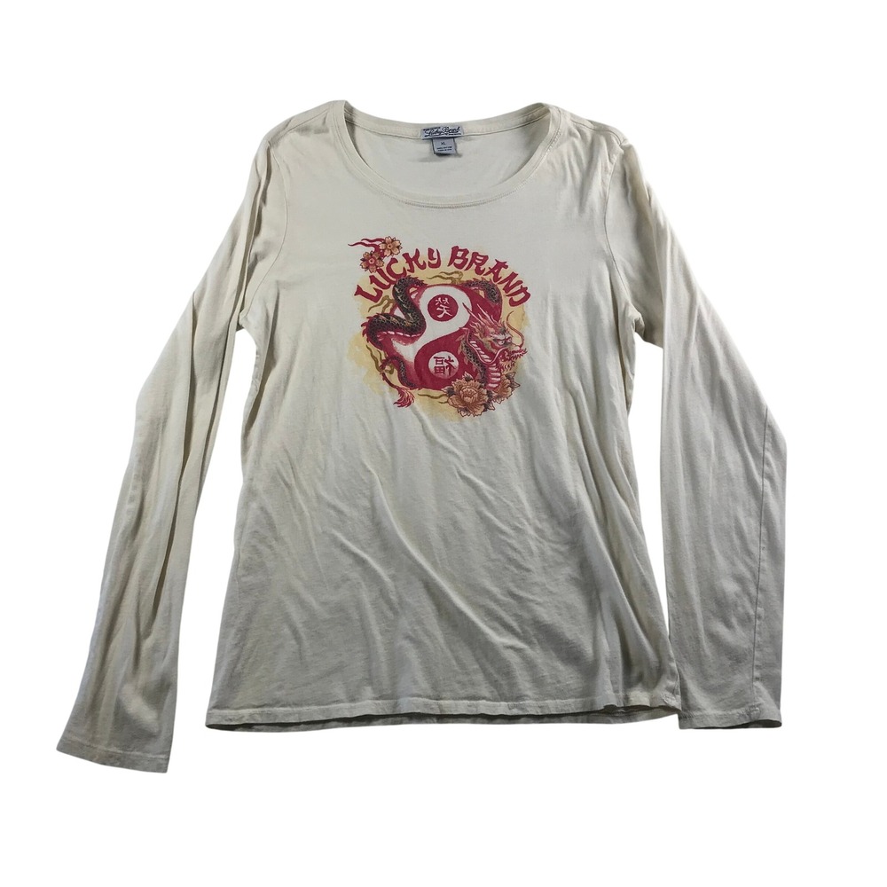 Lucky Brand Cream Dragon Yin Yang Graphic Long Sleeve Tee XL Made in USA